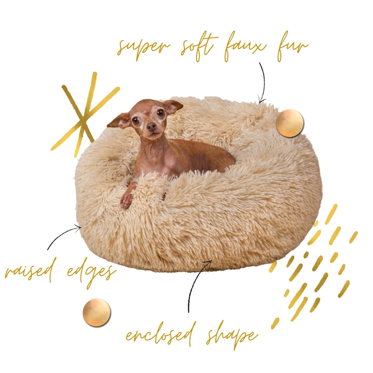 dog in calming pet bed with soft faux fur, raised edges and enclosed donut shape